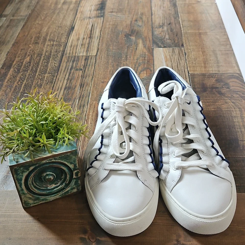 Tory Burch Women's‎ White Leather Sneakers with Navy Blue Ruffle Trim. Size